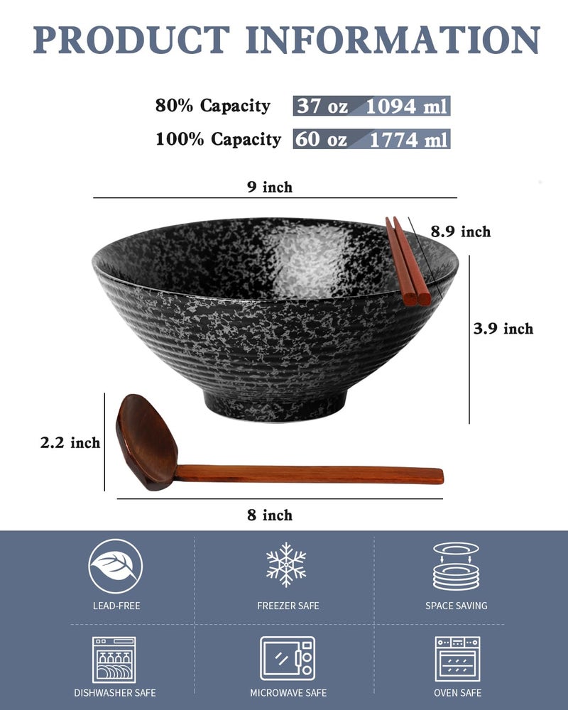 Kanwone Ceramic Japanese Ramen Bowl Set, Noodle Soup Bowls - 60 Ounce, with Matching Spoons and Chopsticks for Udon Soba Pho Asian Noodles, Set of 2, Black - Image 2